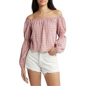 *Topshop Pink Plaid Off-Shoulder Women's Top Size 6 New With Tags